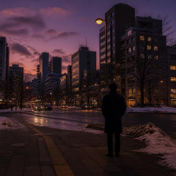 夕方の街角に立つ人の後ろ姿(イメージ)