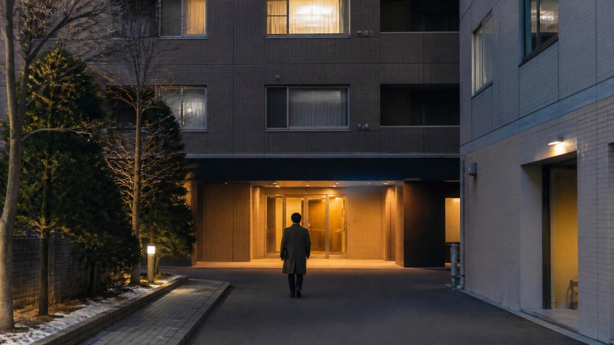夜のマンションの入口へ向かう男性の後ろ姿（イメージ）