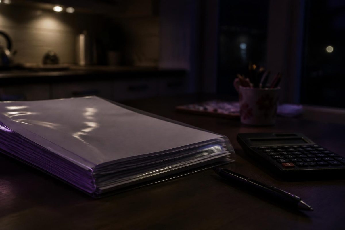 机の上の書類の束と電卓