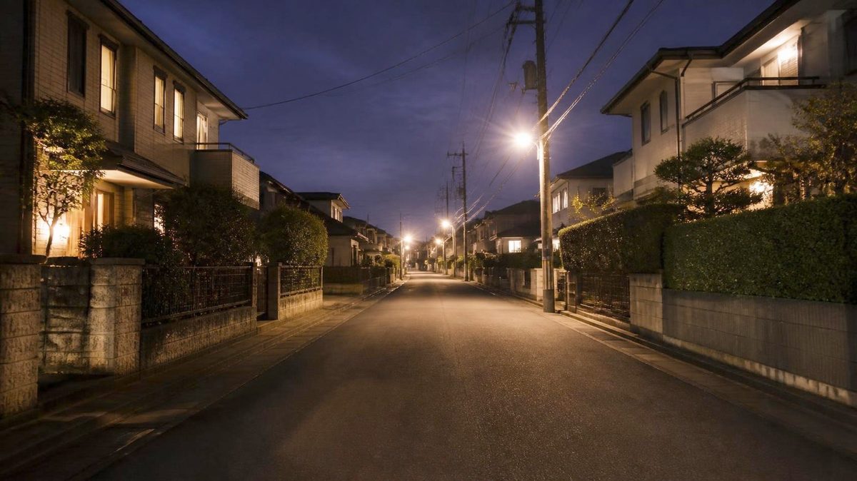 夜の住宅街の道と街灯