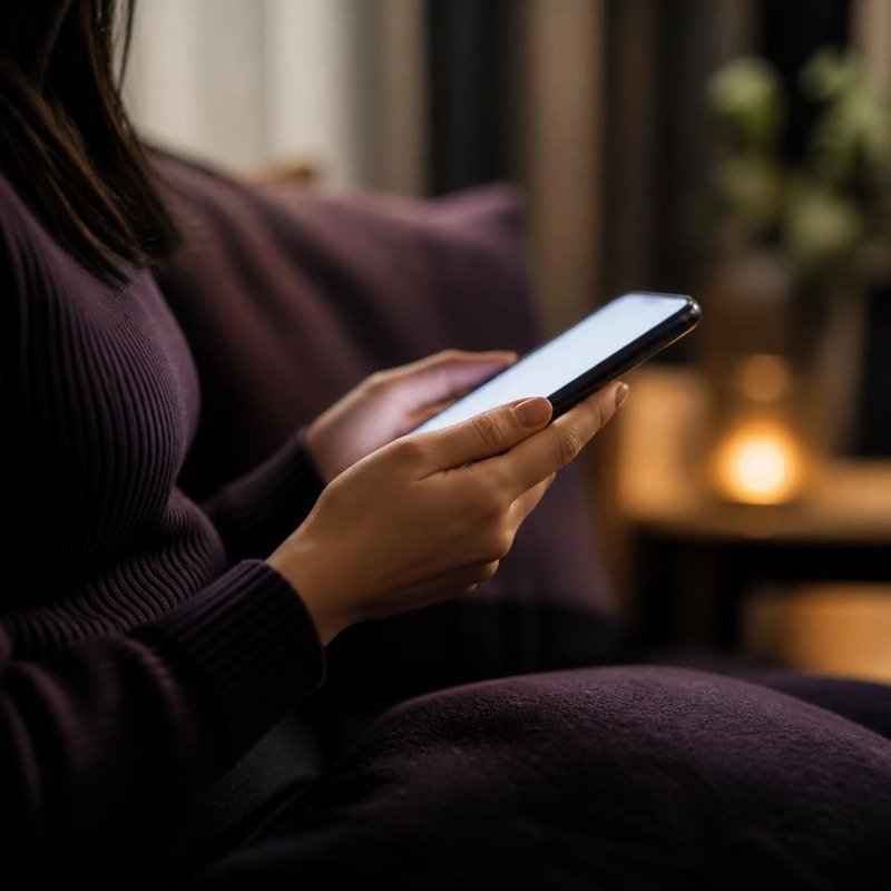 自宅でスマートフォンを手に取る女性の手元