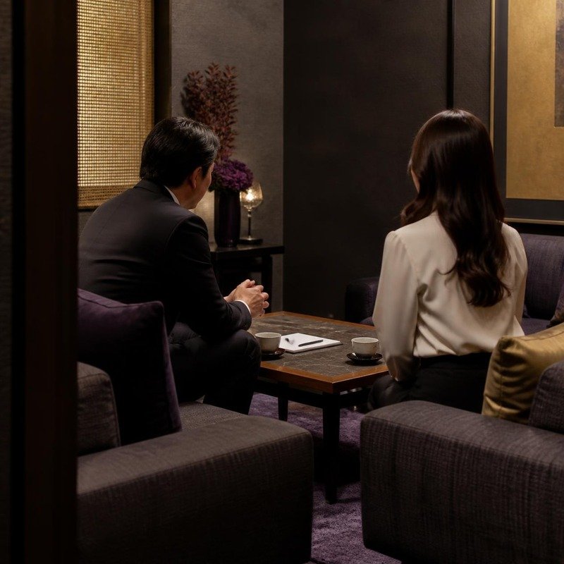 相談室で向き合って話す相談員とお客様