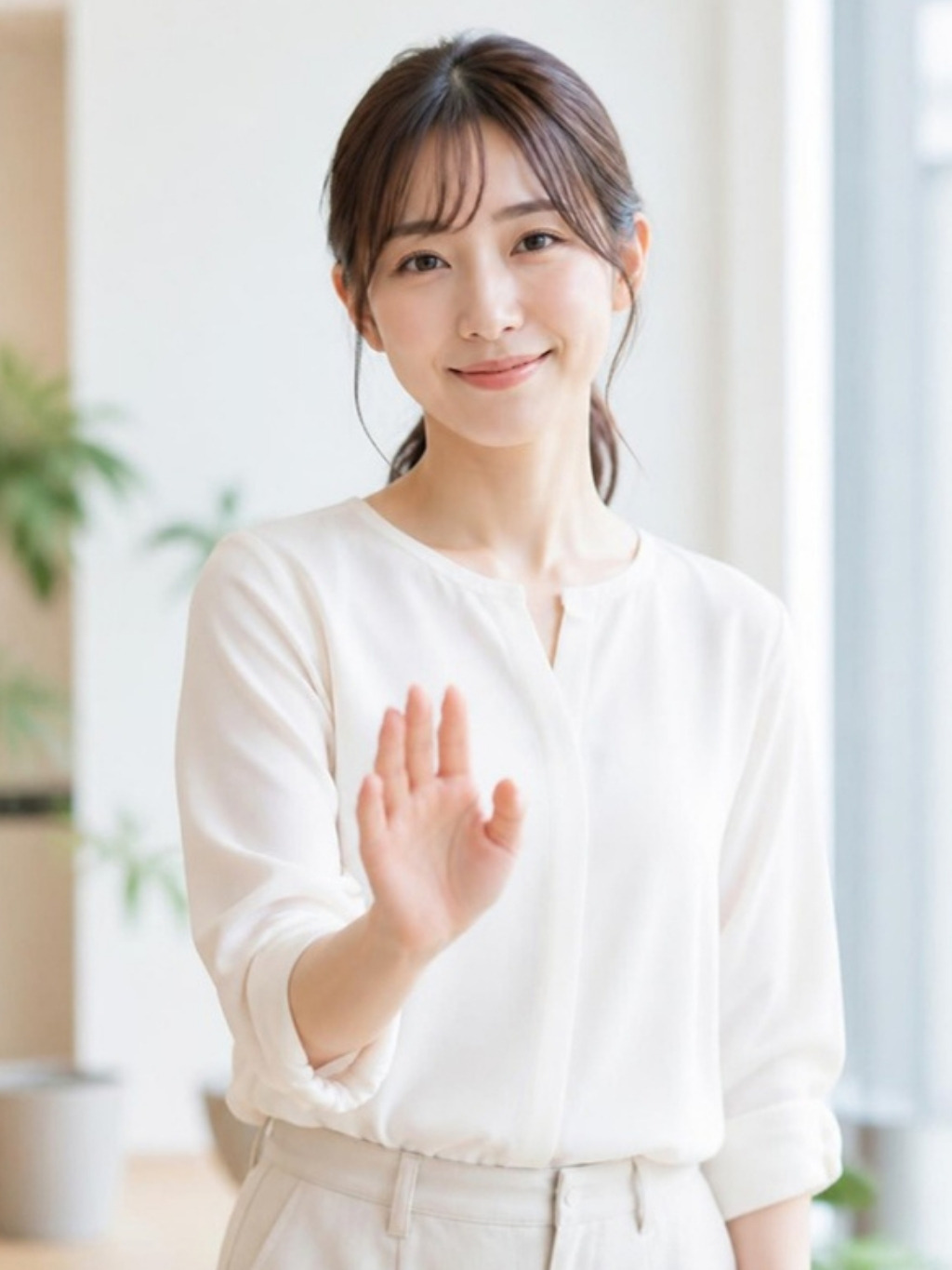 ご自身で調べる前に、少し待ってくださいと伝えるしぐさ（イメージ）