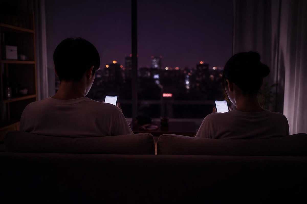 夜の部屋でソファに並んで座る男女の後ろ姿