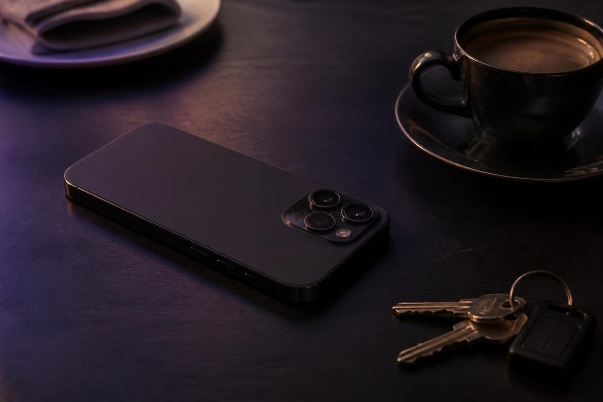テーブルに伏せて置かれたスマートフォン