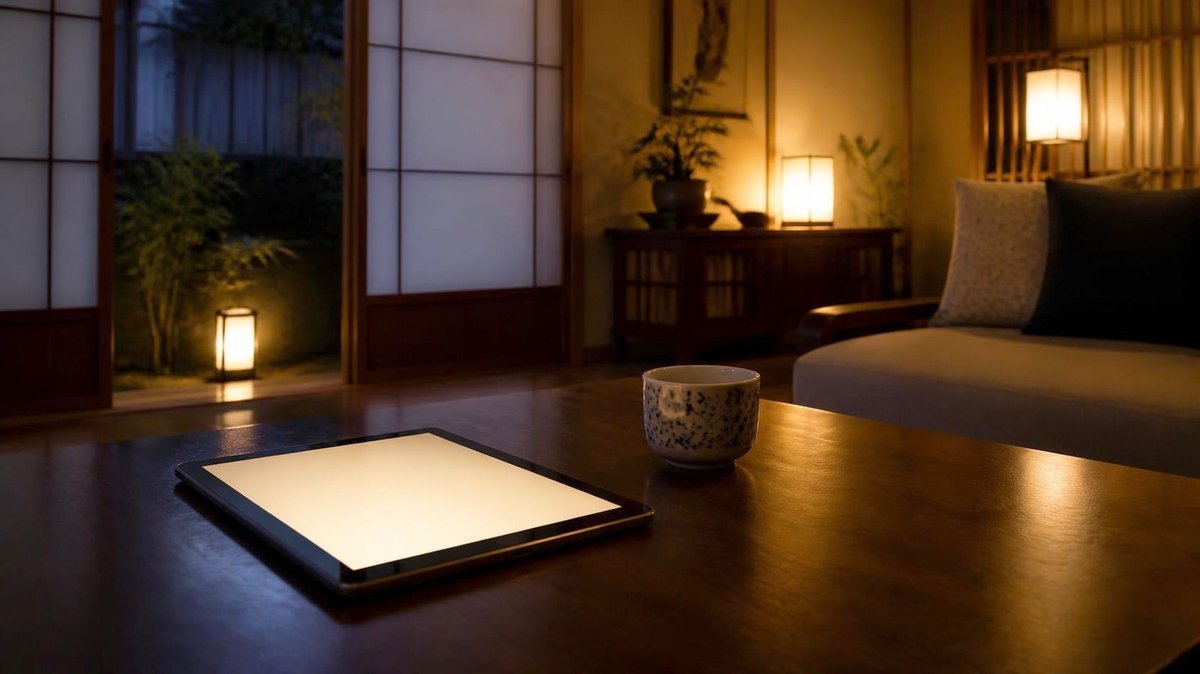 居間のテーブルに置かれたタブレットと湯のみ