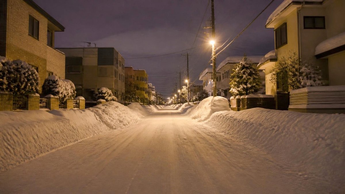 雪の積もった夜の住宅街の道