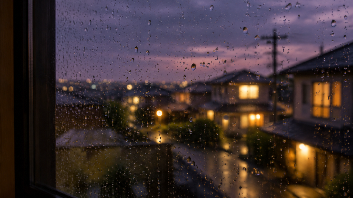 雨粒のついた窓ごしににじむ夕方の住宅街の灯り