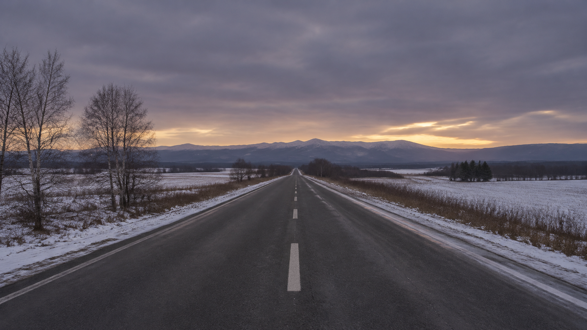 初冬の北海道の郊外にのびる一本道