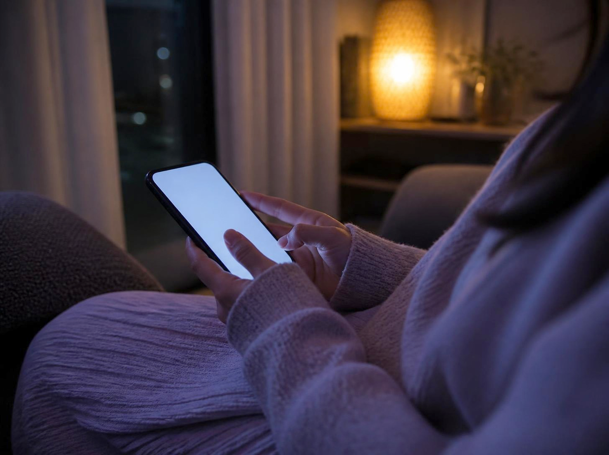 夜の部屋でスマートフォンを手に考え込む女性の手元