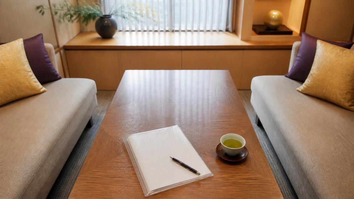 人探しのご相談を伺う、相談室のテーブルに置かれた書類とお茶
