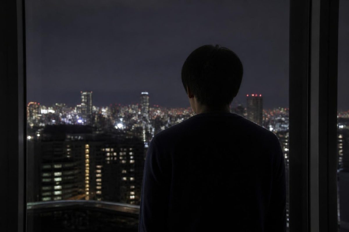 夜の街を窓から眺める人の後ろ姿