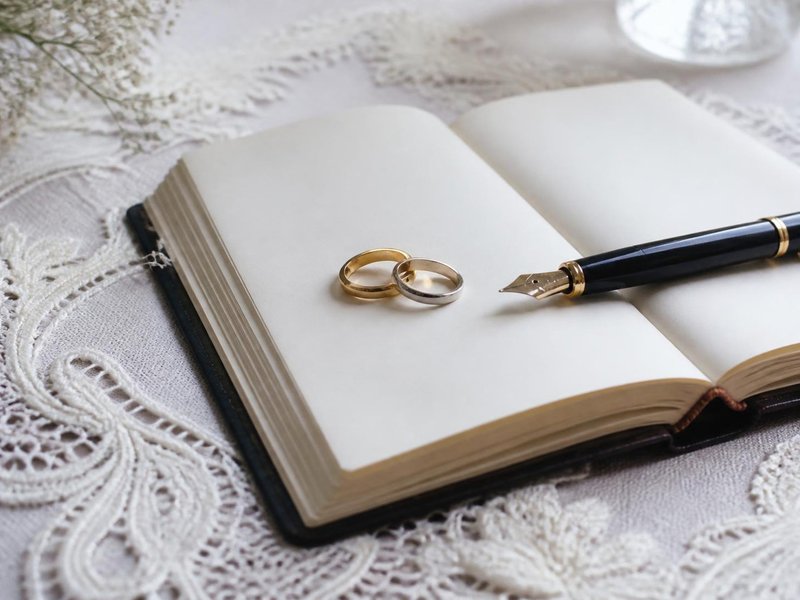 開いたノートに置かれた結婚指輪と万年筆
