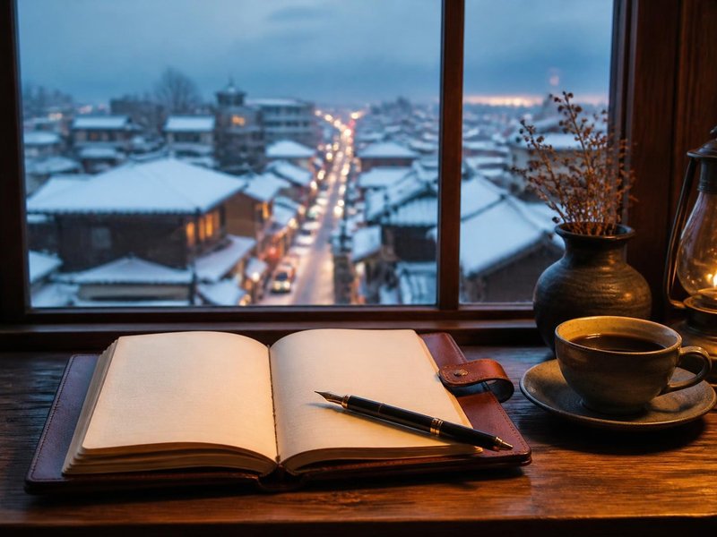 雪の街を望む窓辺のノートとコーヒー