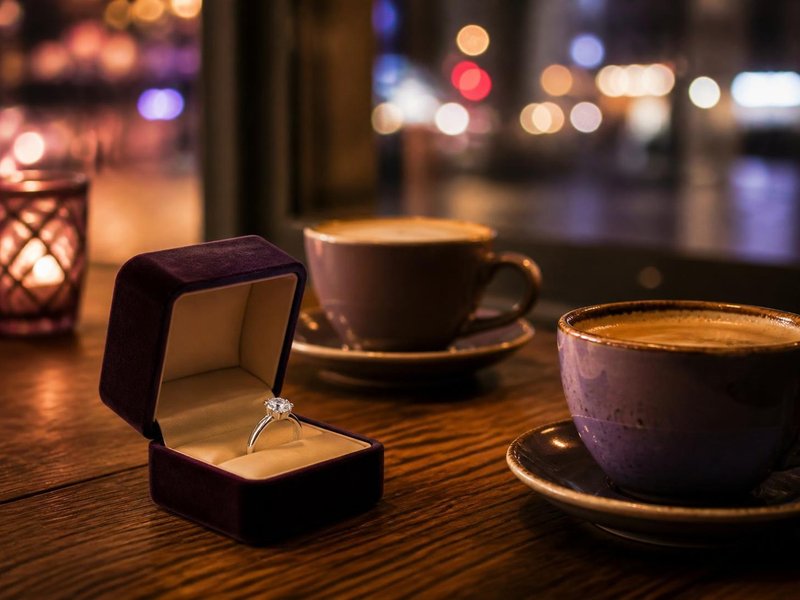 カフェのテーブルに置かれた婚約指輪