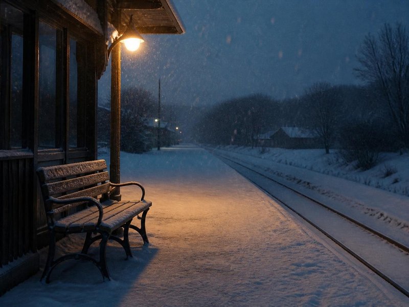 雪の降る駅のホームの誰もいないベンチ