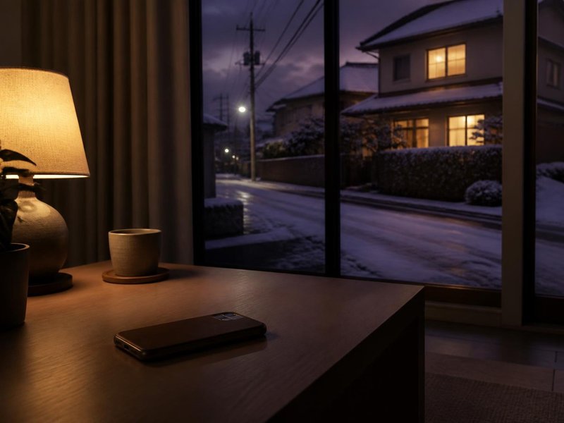 夜の住宅街を望む部屋に置かれたスマートフォン