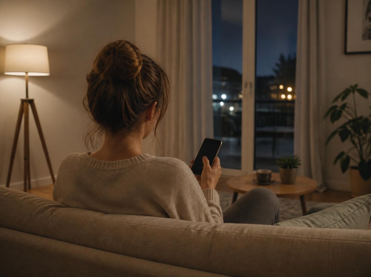 夜のリビングでスマートフォンを持って考え込む女性の後ろ姿（イメージ）