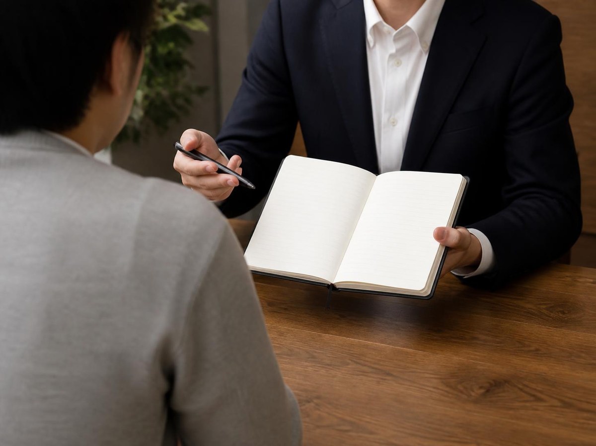 ノートを見せながら相談者に説明する担当者（イメージ）