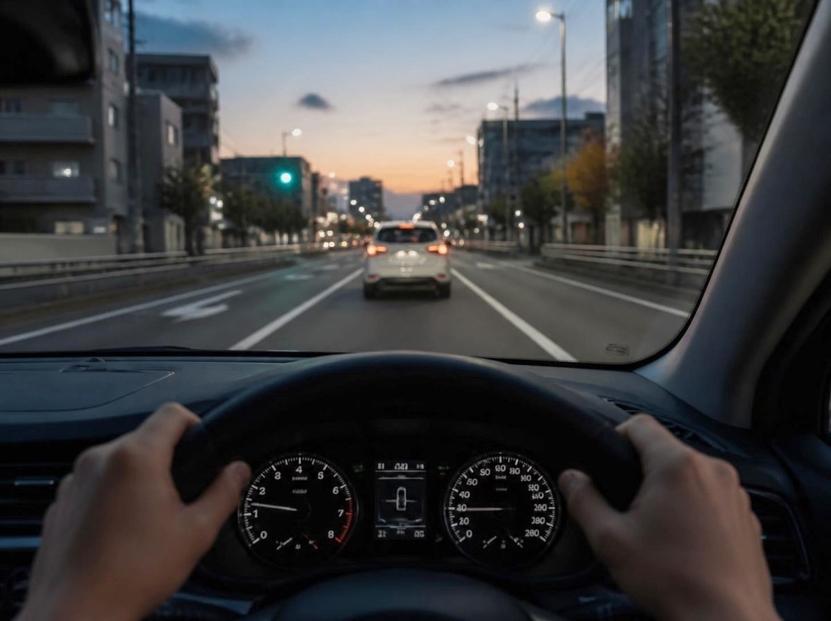 夜の道路で前の車を追う車内（車両での尾行のイメージ）