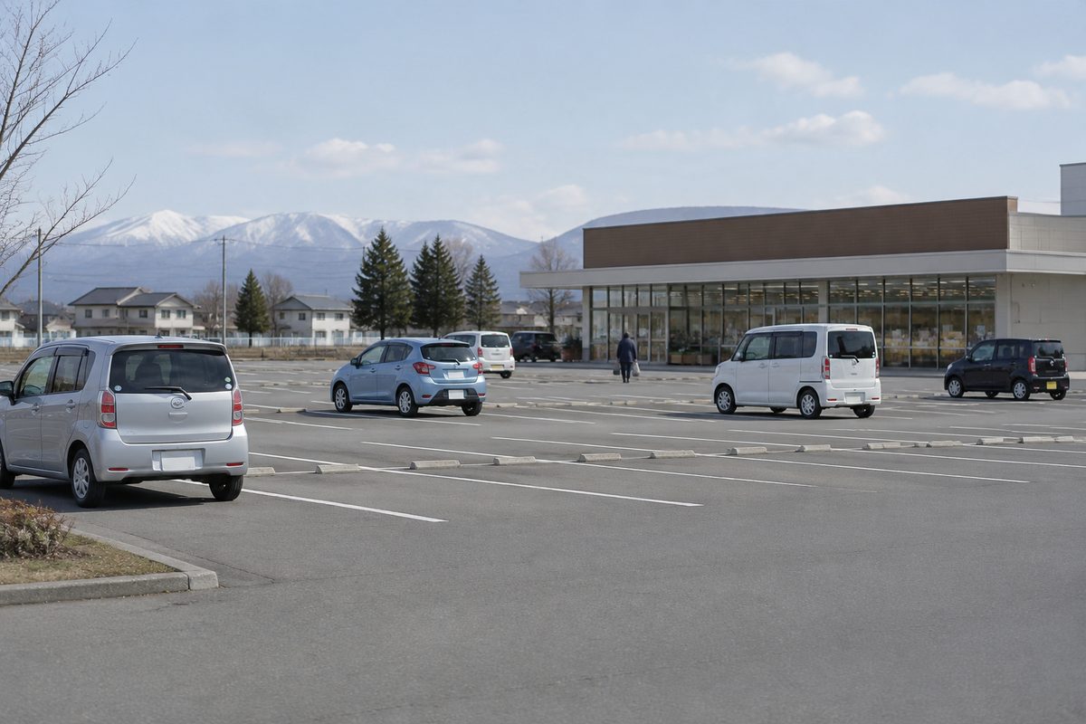 平日の昼の、郊外のスーパーの駐車場(イメージ)