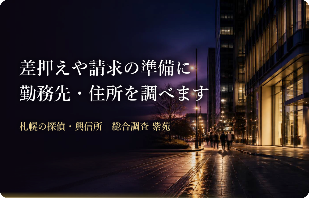 勤務先調査・住所調査｜差押えや請求の準備に、勤務先・住所を調べます　札幌の探偵・興信所 総合調査 紫苑
