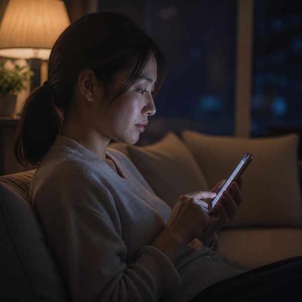 夜の部屋でスマートフォンを見ながら考え込む女性（イメージ）