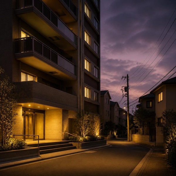 夕方の住宅街とマンションの入口（イメージ）