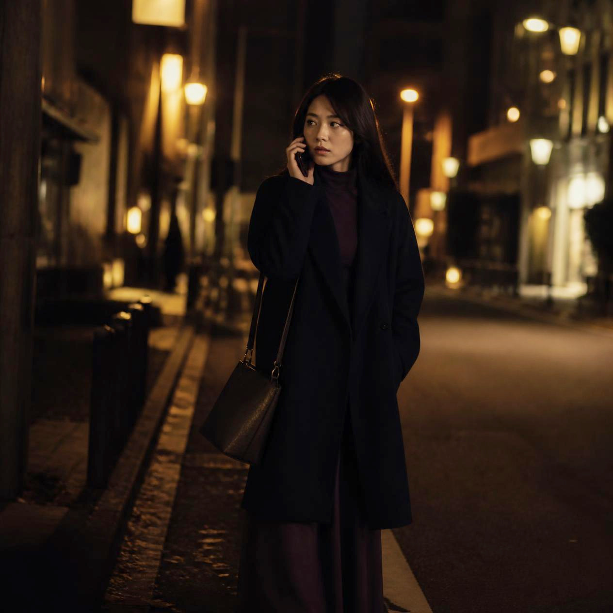 夜の街で電話をする女性。盗聴器のご相談は外出先から