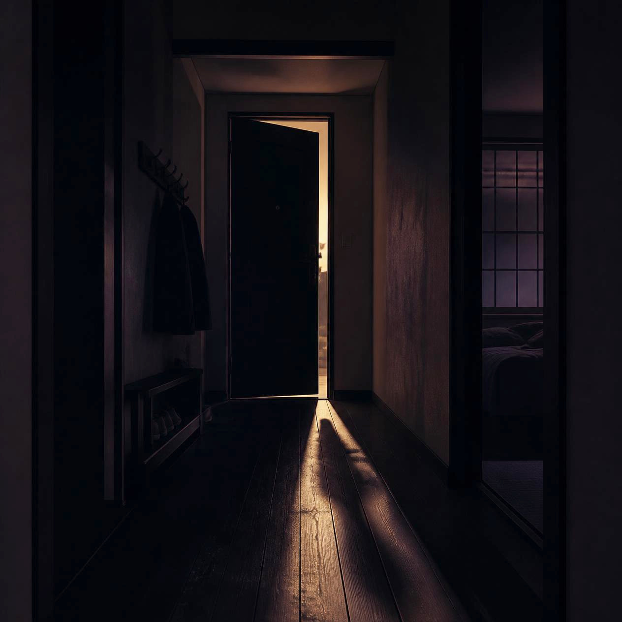 暗い部屋の扉から差し込む光と人影